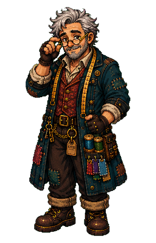 The Curator, an older shopkeeper with tools and layered clothes.